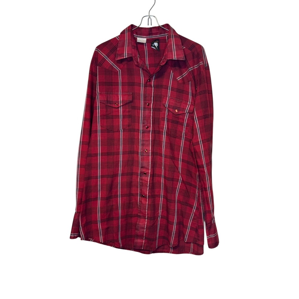Karman Men's Shirt Plaid Pearl Snap Button-Up Western Long‎ Sleeve Red Sz. Large